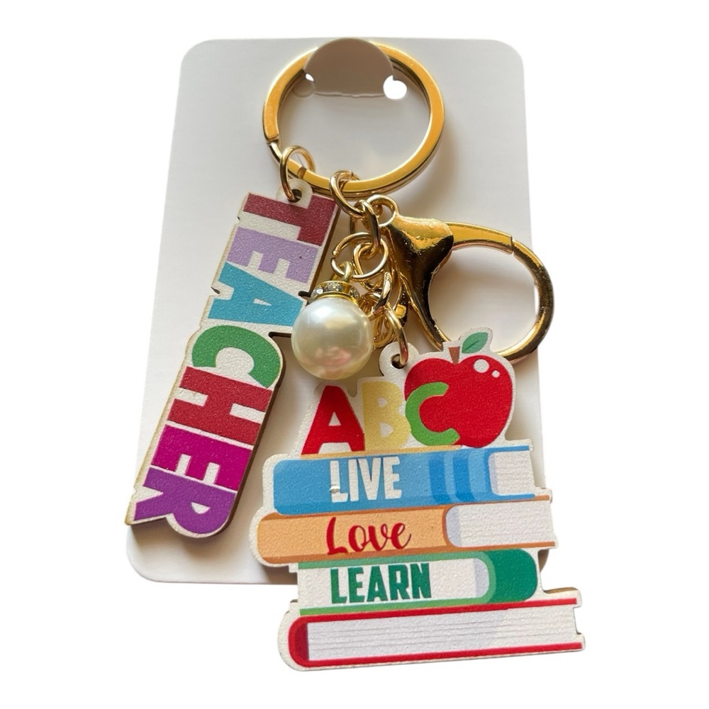 5/$20 Colorful Teacher Keychain with Books and Apple